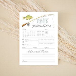 Predicciones para baby shower editables de "El pescador bebé está en camino" - Deseos para bebés pescadores - Tarjeta de deseos para baby shower de "El pequeño pescador" en formato PDF de 5 x 7
