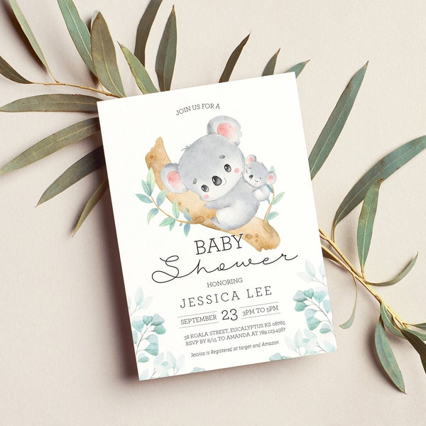 Editable Koala Baby Shower Invitation - Australian Animal Koala Baby Shower Invite - Mother and Baby Koala Baby Shower Invitation 5x7 PDF