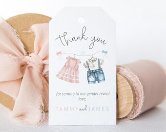 EDITABLE Gender Reveal Baby Shower Thank You Gift Tag -He or She Favor Tag - Vintage Baby Clothing Gender Reveal Favor Tag 2x3.5 PDF
