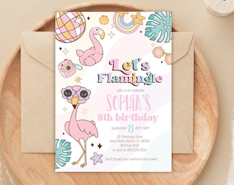 May include: Pink flamingo birthday party invitation with a pink flamingo wearing sunglasses, a disco ball, a rainbow, and palm leaves. The text on the invitation reads "Let's Flamingle, Sophia's 8th Birthday".