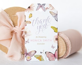 Bewerkbare een kleine vlinder baby shower dank u gunst tag - Love Bug Flutter roze en paarse vlinder dank u tag PDF DIY 2x3.5