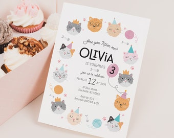 Editable Are you Kitten Me Right Meow? Cat Modern Birthday Invitation - Kitten Birthday Invitation - Cat Girl Birthday Party 5x7 PDF DIY