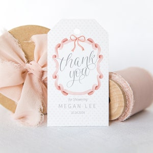 Editable Pink Bow and Ribbons Pretty Girl Baby Shower Thank you Favor Tag - Pink Polkadot Girly Pink Pretty Thank You Tag PDF DIY 2x3.5