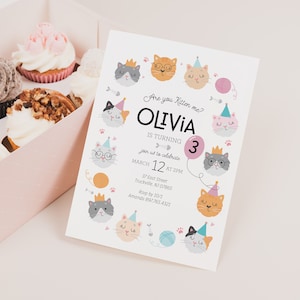Modificabile "Micio, sei proprio miao?" Invito di compleanno moderno a tema gatto - Invito di compleanno a tema gattino - Invito per festa di compleanno a tema gatto 13x18 cm PDF fai da te