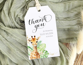 EDITABLE Giraffe Baby Shower Thank You Gift Tag - Tropical Leaves Giraffe Baby Shower- Safari Giraffe Wild Baby Shower Favor Tag 2x3.5 PDF