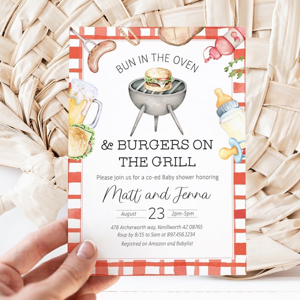 Editable Bun in the Oven, Burgers on the Grill BBQ Baby Shower Invitation - Baby BBQ Invite - Gender Neutral Baby Shower Invitation PDF 5x7