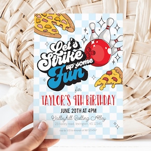 Editable Retro Bowling Party Birthday Invitation - Let&#39;s Strike Up Some Fun Bowling Invitation - Bowling & Pizza Party Invitation 5x7 PDF