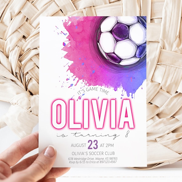 Editable Soccer Ball Girl Birthday Invitation - Let's Kick it Pink Watercolor Soccer Birthday Invitation - It's Game Time Invite 5x7 PDF