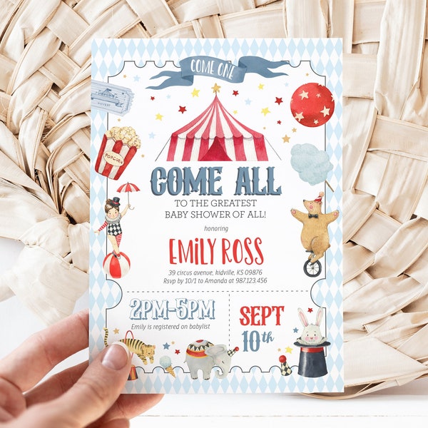 Editable Come One Come All Circus Baby Shower Invitation - Baby Circus Invite - Carnival Watercolor Baby Shower Invitation 5x7 PDF