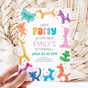 Invitación de cumpleaños de fiesta de animales de globo editable - Invitación genérica neutral de género - Invitación de cumpleaños de animales de globo salvaje 5x7 PDF