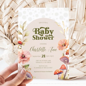 Editable Mushroom Whimsical Baby Shower Invitation - Enchanted Woodland Fungi - Mushroom Floral Watercolor Baby Shower Invitation 5x7 PDF