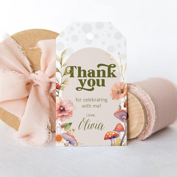 EDITABLE Mushroom Whimsical Baby Shower Favor Thank You Gift Tag - Enchanted Woodland Fungi favor tag - Mushroom Floral Favor Tag 2x3.5 PDF