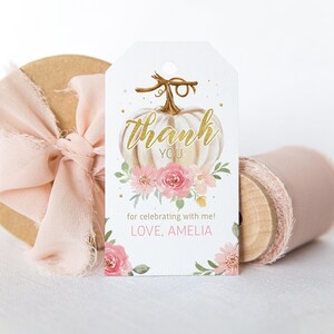 EDITABLE Little Pumpkin Floral Girl Birthday Favor Gift Tag - White Pumpkin Baby Shower Tag - Thanksgiving Floral Tag Editable DIY Tag