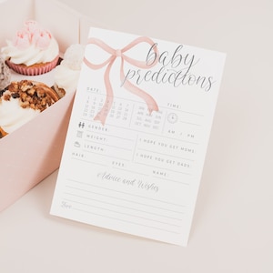 Lazo rosa y cintas editables Predicciones de niña bonita Juego de baby shower - Predicciones de baby shower y tarjeta de consejos - Tarjeta de deseos de bebé PDF 5x7 PDF