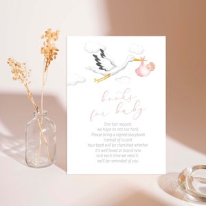 Bewerkbare speciale bezorging babyshowerboeken voor baby - Ooievaarsvogel met babymeisje in roze deken vliegen Breng een boek Bibliotheekkaart PDF 3,5x5