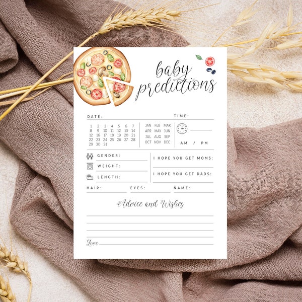 Editable Oh Baby Pizza Predictions Baby Shower Game - Slice Slice Baby Predictions & Wish Advice Card Pizza and Pacifier Invite PDF 5x7 PDF