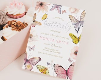 Editable A Little Butterfly Baby Shower Invitation - Love Bug Flutter Pink and Purple Butterfly Invite - Girl Baby Shower Invitation PDF 5x7