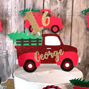 Red Farm Truck Christmas Pine Tree Birthday CAKE TOPPER - Holiday Red Truck Tree Birthday Smash Cake Topper - Custom Age/Name