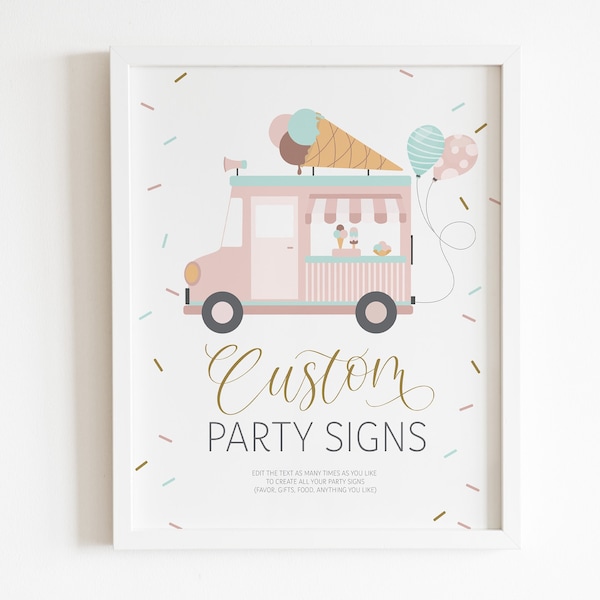 EDITABLE Ice Cream Truck Birthday Custom Sign - Here's the Scoop Simplistic Birthday Party Table Signs -  Ice Cream Signs DIY File 8x10