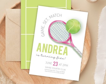 May include: A white invitation with a pink and green tennis racket and ball. The text reads "Game, Set, Match Andrea is turning five! June 23 at 2PM Wayne Country Club"