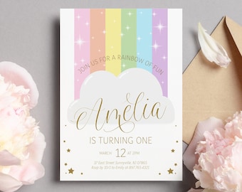 Invitación de cumpleaños editable Rainbow Sparkle Girl - Pastel Rainbow Fun Girl Birthday Invitation/Over the Rainbow Birthday Party 5x7 PDF DIY