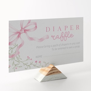 Editable Baby Pink Bow Girl  Shower Diaper Raffle - Pink Floral Spring Watercolor Bow Floral Shower Diaper Raffle Ticket Insert - PDF 2x3.5