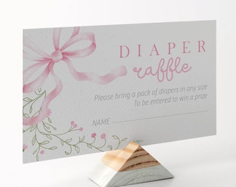 Edytowalny Baby Pink Bow Girl Shower Diaper Raffle - Różowy kwiatowy wiosenny akwarelowy kokardka kwiatowy bilet na loterię pieluch na prysznic - PDF 2x3.5