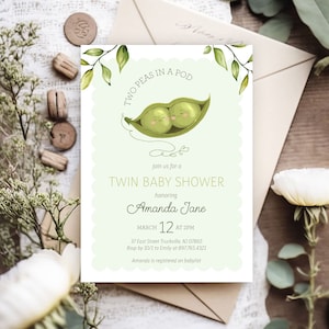 Editable Two Peas in a Pod Baby Shower Invitation - Twin Peas in a Pod Baby Shower Invitation Green Twin Baby Shower Invitation PDF 5x7