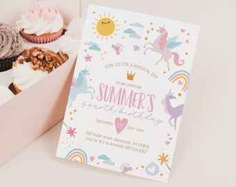 May include: A pink and white birthday invitation with a unicorn, rainbow, and stars. The text reads "Join us for a magical day as we celebrate Summer's fourth birthday. September 18, 2pm-5pm. 789 ballet street, Danceville, NY 09876. rsvp by 9/3 to Amanda 9871234567."
