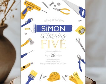Editable Boys Tools Birthday Invitation -Handyman Blue and Yellow Birthday Invitation - Let's Build a Party Birthday Party 5x7 PDF
