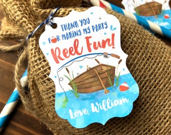 12 Fishing Birthday Favor thank you tag - Thank You for making my party Reel Fun - Fishing Boat Favor Tags - Custom wording