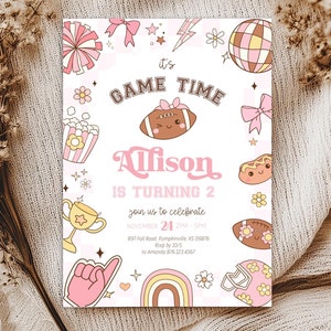 Editable Groovy Girl Football Birthday Invitation - Retro Football Birthday Party Invite - Groovy Pink Football Birthday Party 5x7 PDF DIY