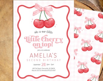 Editable Little Cherry on Top Birthday Invitation - Girl Coquette Pink and Red Cherry Invite - Sweet Cherry Birthday Party 5x7 PDF DIY