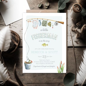 Editable A Little Fisherman is on the Way Baby Shower Invitation - Fisherman Baby Shower Invite - Fishing Baby Boy Shower Invitation PDF 5x7