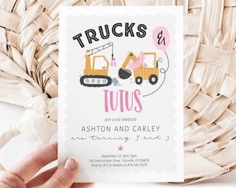 Editable Trucks and Tutus Birthday Invitation - Joint Boy and Girl Birthday Invitation - Construction Tutus Sibling Party Invitation 5x7 PDF