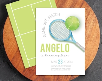 編集可能なテニスボールボーイ誕生日招待状 - ゲーム、セット、マッチテニスラケット誕生日パーティー招待状 - スポーツゲームタイム招待状 5x7 PDF