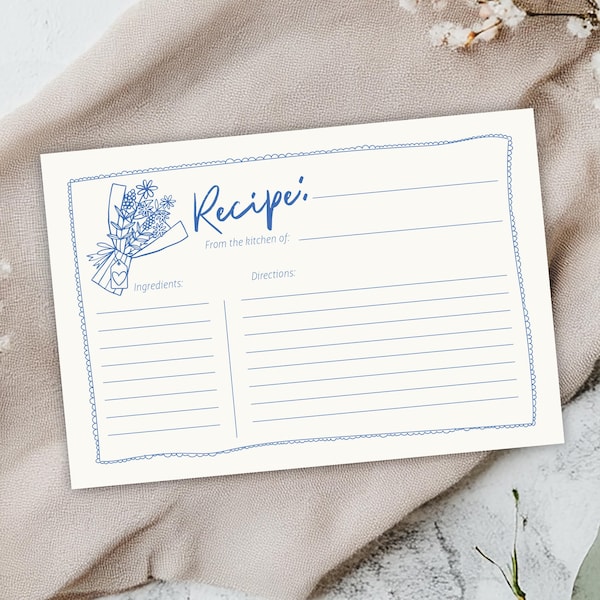 Tarjeta con receta editable para despedida de soltera She's Off the market: tarjeta con receta floral dibujada a mano en azul para despedida de soltera en el mercado de agricultores: PDF 4x6