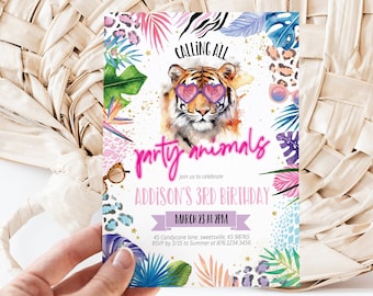 Editable Calling all Party Animals Tiger Birthday Invitation/Neon Sign Wild Party Tropical Jungle Animal Print Girl Birthday Invitation 5x7