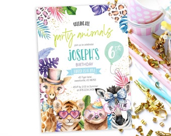 May include: A colorful party invitation with a jungle theme. The invitation features a giraffe, tiger, sloth, and zebra wearing party hats and glasses. The text reads "Calling all party animals" and "Joseph's 6th Birthday".