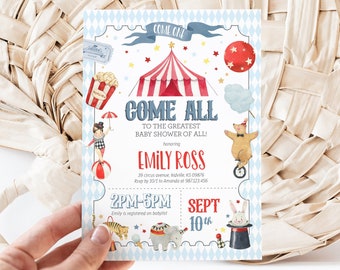 Editable Come One Come All Circus Baby Shower Invitation - Baby Circus Invite - Carnival Watercolor Baby Shower Invitation 5x7 PDF