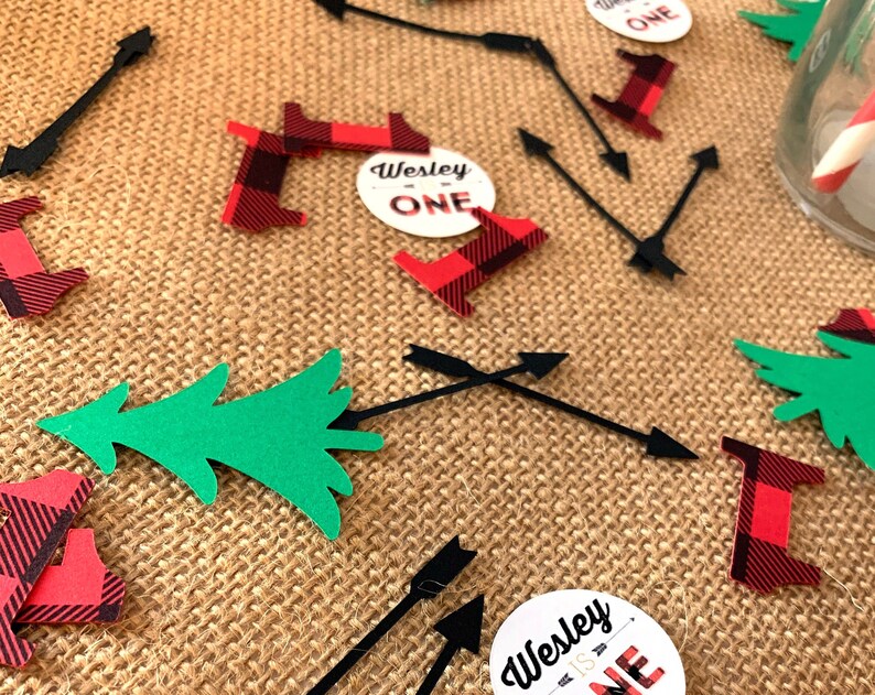 Lumberjack Red Buffalo Plaid Bear Custom Confetti Lumberjack Custom name Confetti Pine Tree confetti Arrow Confetti Custom