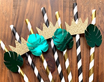 12 Wild One Wild Animal Tropical Leaves Paper Straws - Gold foil and Black Paper straws - Wild One Glitter Crown Straws-Foil Monstera Straws