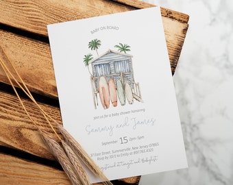 May include: A baby shower invitation with a watercolor illustration of a beach house with surfboards. The text reads "Baby on Board", "Join us for a baby shower honoring Sammy and James", "September 15, 2pm-5pm", "37 East Street, Summerville, New Jersey 07865", "RSVP by 10/1 to Emily at 897-765-4321", and "Registered at Target and Babylist".