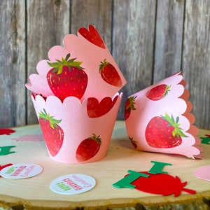 12 Strawberry Cupcake wrappers Strawberry Shortcake Birthday Cupcake Wrappers Strawberry Bridal Shower Cupcake wrappers image 1