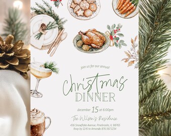 Puede incluir: Una invitación a una cena de Navidad ilustrada con acuarela con una mesa festiva, que incluye un pollo asado, galletas, zanahorias y un cóctel. La invitación incluye el texto "join us for our annual Christmas Dinner", "december 15 at 6:00pm", "The Wilson's Residence", "456 Snowflche Avenue, Pinebrooks, IL 98765", "Rsvp by 12/6 to Amanda 876.567.1234".