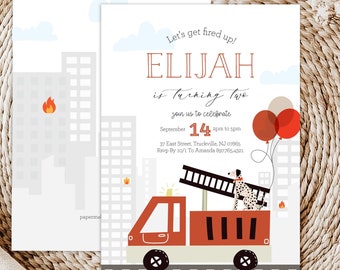 Editable Fire Truck Birthday Invitation - Let's get Fired Up Firefighter birthday Invitation - Fire Engine Fireman Party Invitation 5x7 PDF