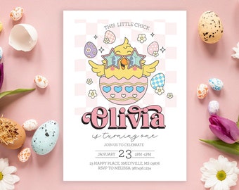 Invitación editable de cumpleaños de pollita de Pascua - Esta invitación de pollita - Invitación de cumpleaños de pollita de Pascua 5x7 PDF
