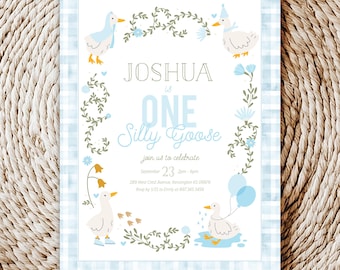 Editable One silly Goose Boy Birthday Invitation - First Birthday Goose Invitation - Goose Blue Gingham Invitation 5x7 PDF