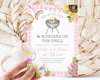Editable Bun in the Oven, Burgers on the Grill BBQ Baby Shower Invitation - Pink Baby BBQ Invite - Girl Baby Shower Invitation PDF 5x7