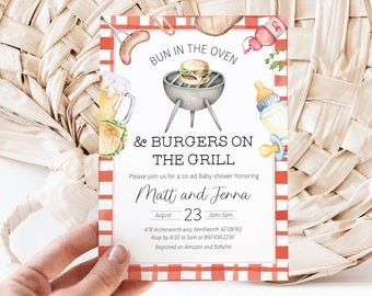 Editable Bun in the Oven, Burgers on the Grill BBQ Baby Shower Invitation - Baby BBQ Invite - Gender Neutral Baby Shower Invitation PDF 5x7